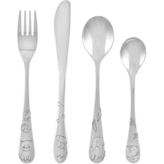 NOA Kids bestiksæt m. kæledyr i rustfrit stål, 4 dele