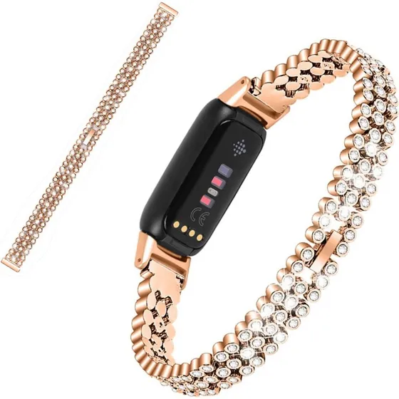 Fitbit Luxe urrem i rustfrit stål med rhinsten - Rødguld