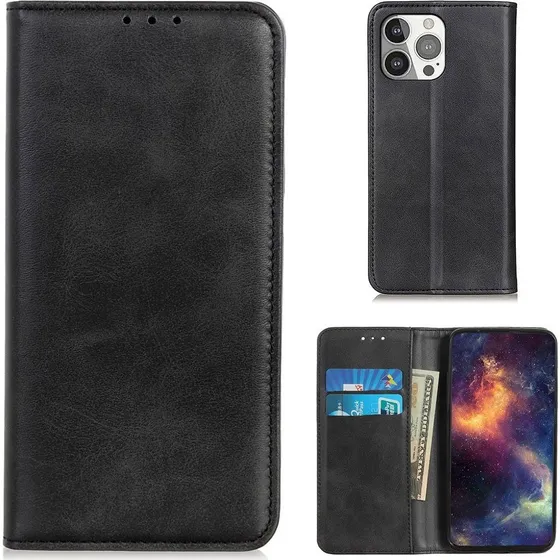 iPhone 13 Pro Flip etui i ægte læder med pung – Sort