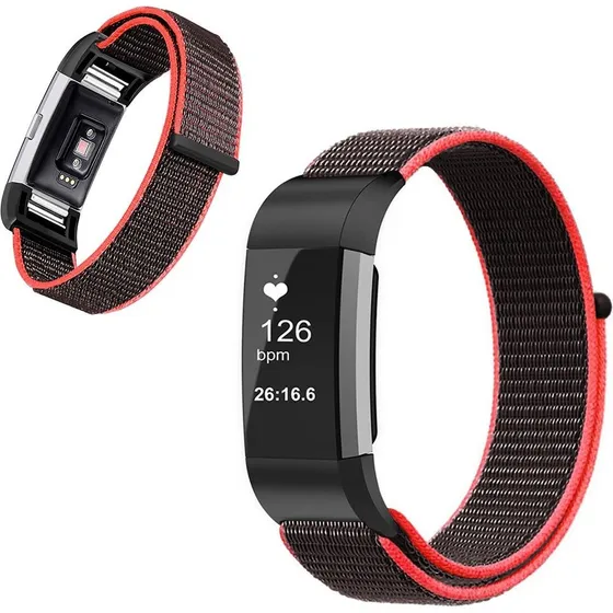 Fitbit Charge 2 urrem i nylon - Sort / Rød