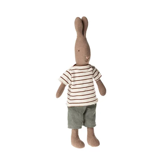 Maileg Hare Drengekanin Brun m/ Stribet Bluse og Bukser - Str. 2