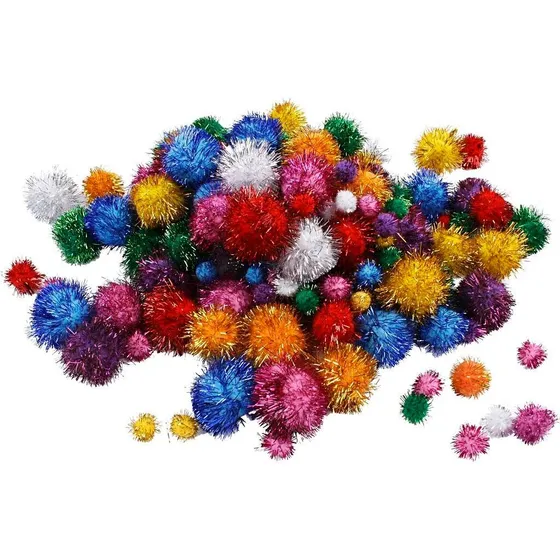Glitter pomponer, 75 stk. - Assorterede farver og størrelser 15-40 mm