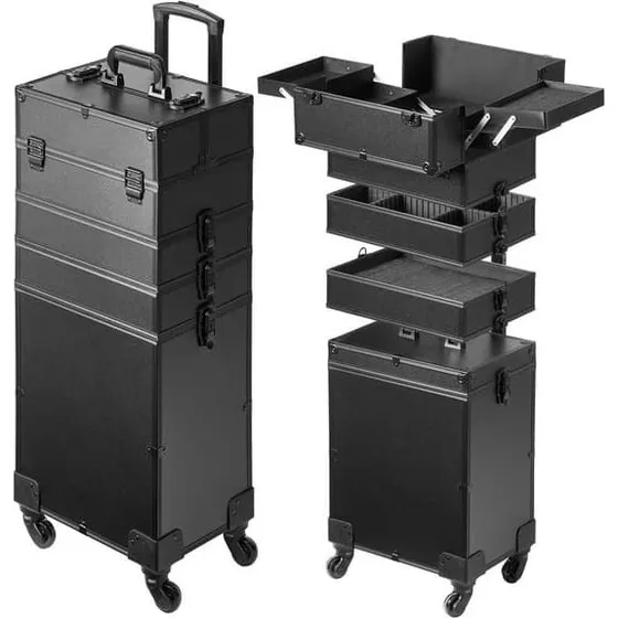 5-i-1 Professionel Makeup Kuffert i Aluminium, Sort Trolley