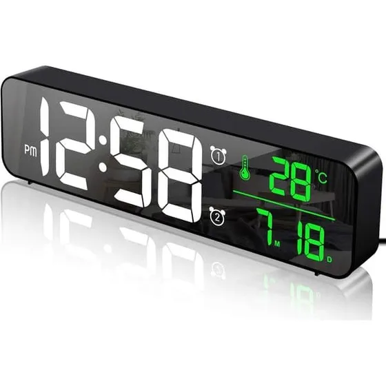 Digitalt LED-vækkeur med stort display og spejlflade
