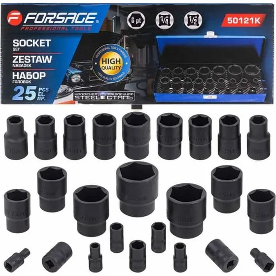 Forsage Slagtopssæt 25 dele i metaletui 1/2" og 1/4" 4-32 mm