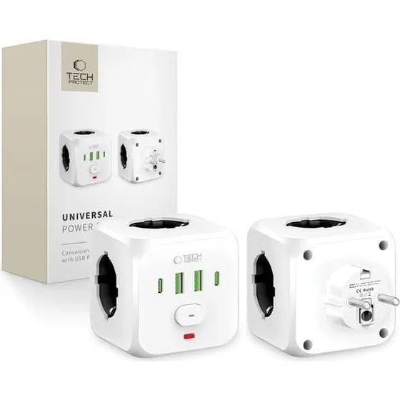 Tech-Protect PCL3X4 Stikdåse med 3x AC, 2x USB-A og 2x USB-C, hvid