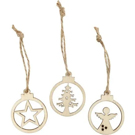 Juleophæng i træ Ø3 cm, 24 stk. – natur med jutesnor