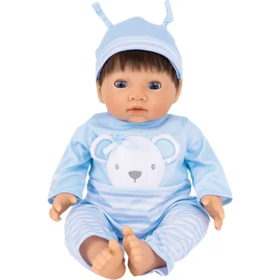 Tiny Treasures dukke, brunt hår & blåt bamseoutfit