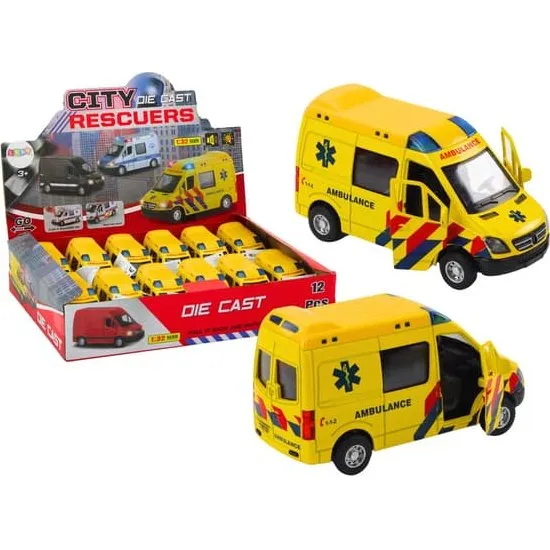 Ambulance legetøjsbil 1:32 metal med lys, lyd og friktionsdrev
