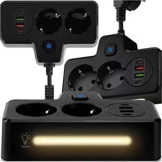Alogy Stikforlænger med 2x EU-stik, 2x USB og 2x USB-C - Sort