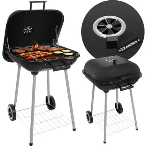 Kaminer Kulgrill med låg, 77x53x46 cm, sort med hjul og hylde