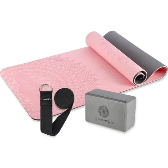 HMS Yoga Sæt: TPE Måtte Lys Pink, Cube Grå & Strap