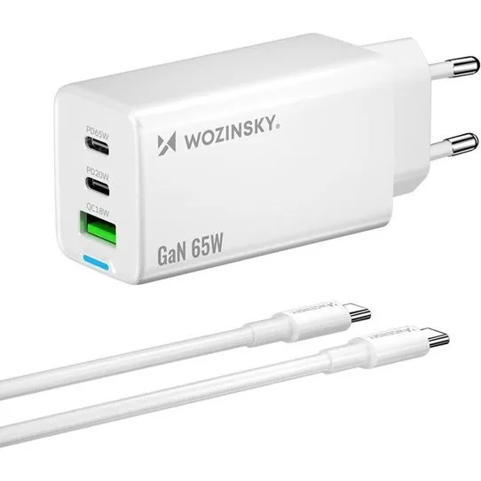 Wozinsky GaN 65W Oplader med 2x USB-C & USB-A + Kabel - Hvid