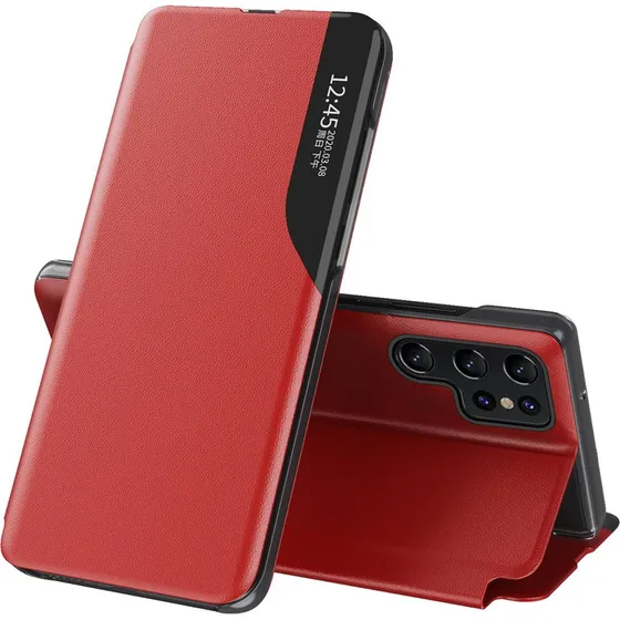 Hurtel Eco Leather View Cover med Stander til Samsung Galaxy S25 Ultra - Rød