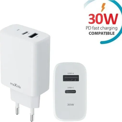 Maxlife MXTC-10-30C 30W Hurtigoplader med USB-C og USB-A, Hvid