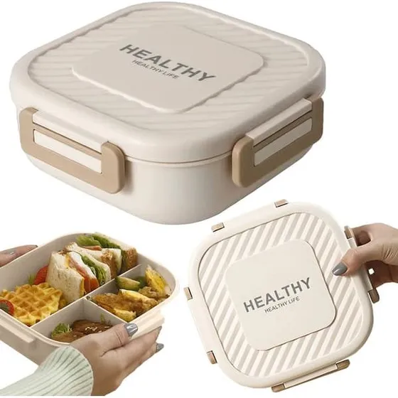 Madkasse 3 rum med bestik, beige, 19 cm
