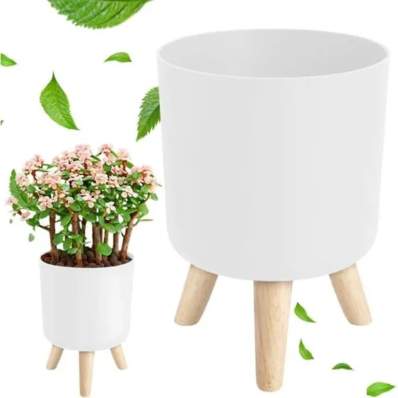 Blomsterpotte på ben - Hvid med træstativ, 140 mm