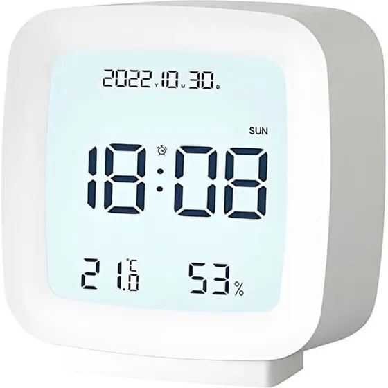 Digitalt vækkeur LCD med dato, temp & luftfugtighed - Hvid 8x8,5 cm