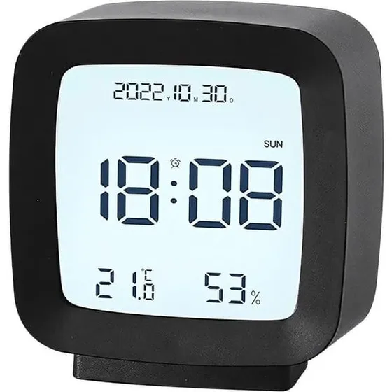 Digitalt vækkeur LCD med dato, temperatur & luftfugtighed - Sort
