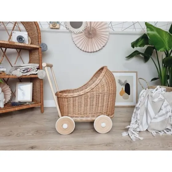 Wiklihome Dukkevogn i flet med naturtræ-stel