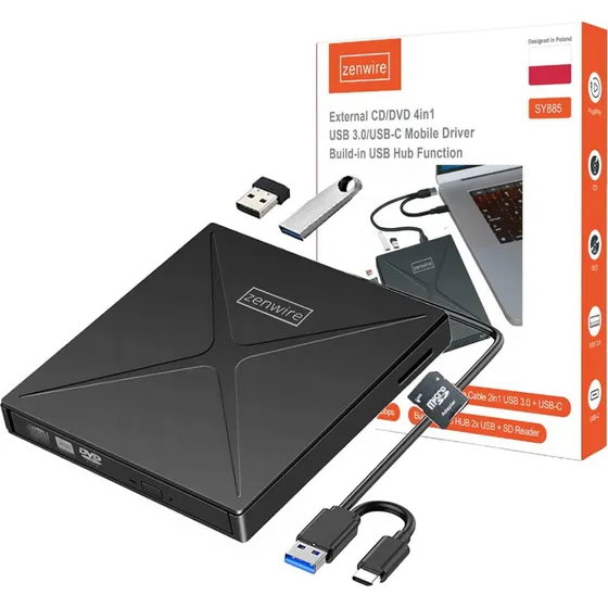 Zenwire SY885 4-i-1 Eksternt DVD-CD Drev med USB-hub og SD-læser
