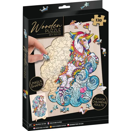 Enhjørning træpuslespil 130 brikker – unikke former
