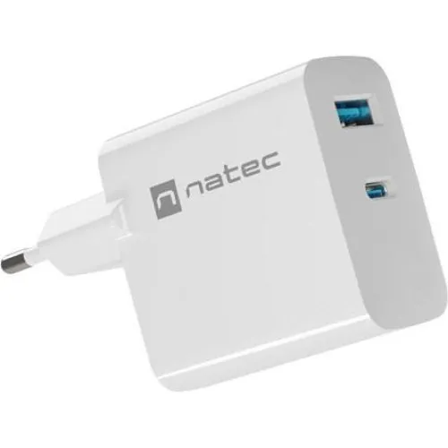 NATEC Ribera GaN 65W Vægoplader - USB-A & USB-C - Hvid