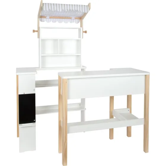 Købmandsbutik i træ – kompakt legebutik med stofbaldakin