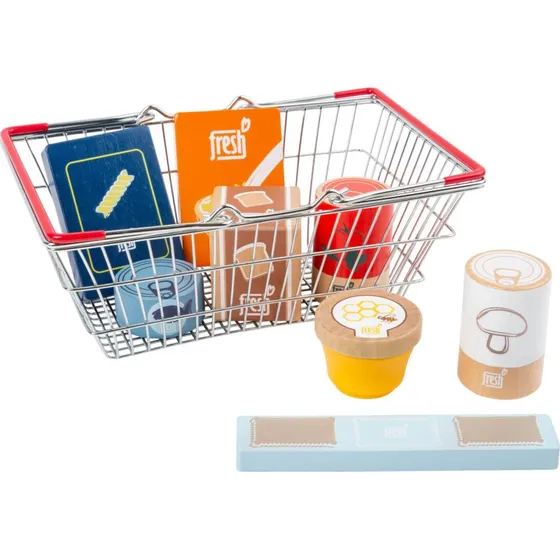Small Foot træ-legetøj: Indkøbskurv med 9 varer