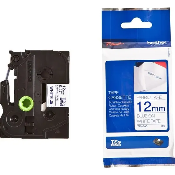 Brother TZe-FA3 12 mm stoflabel – marineblå på hvid, 3 m