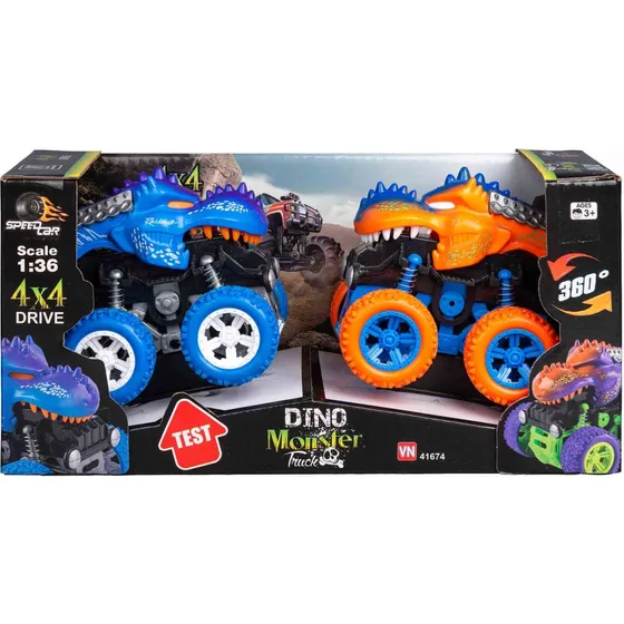 Speed Car Dinosaur Monstertrucks - Sæt med 2 stk. - Blå & Orange