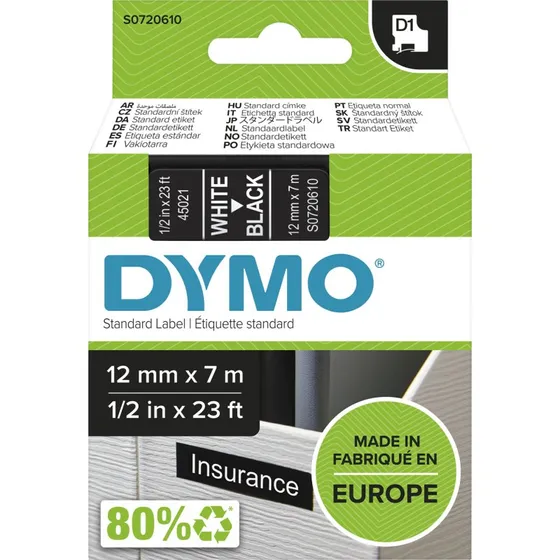 DYMO D1 Tape 12 mm x 7 m – Hvid på Sort