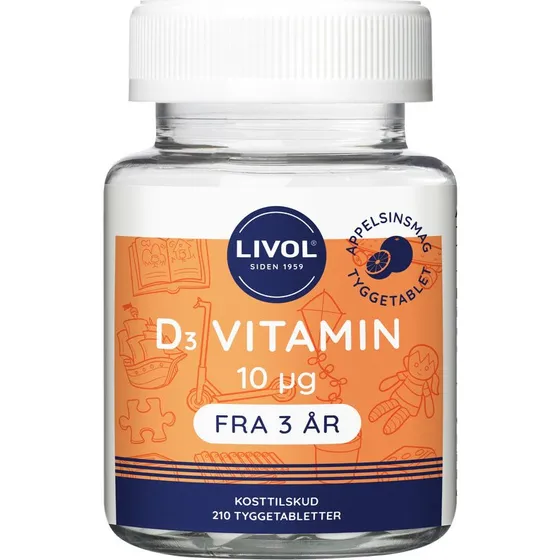 Livol D3-Vitamin tyggetabletter med appelsinsmag, 210 stk.