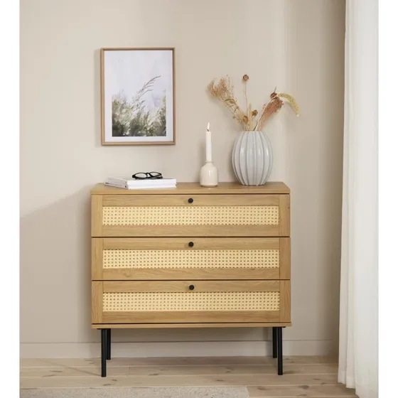 Pensacola Kommode med 3 Skuffer, Egetræs-look & Rattan, 80x40x75 cm
