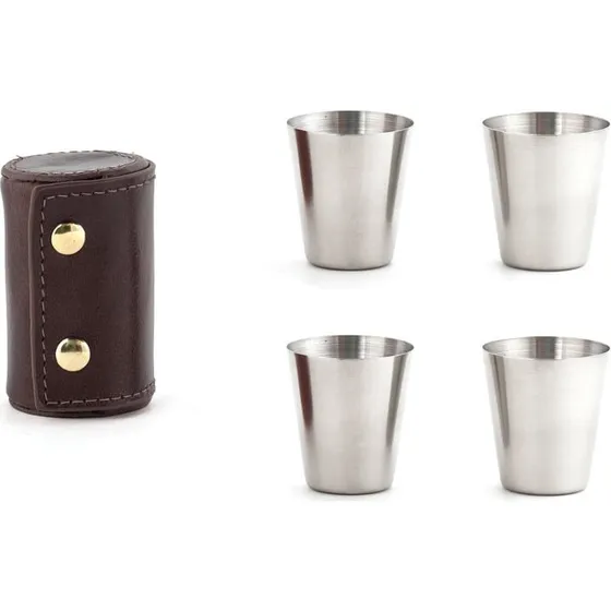 Kikkerland 4-pak Shotglas i Rustfrit Stål med Læderetui