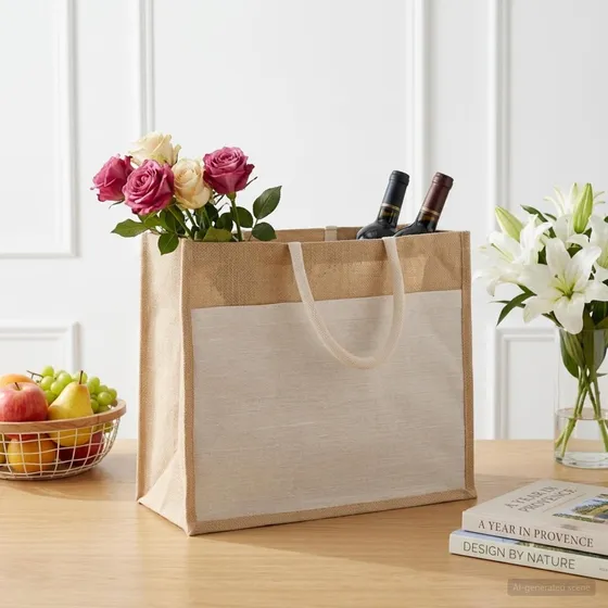 vidaXL Jute håndtasker med lomme, 5 stk., Natur/Hvid, 42x33x19 cm