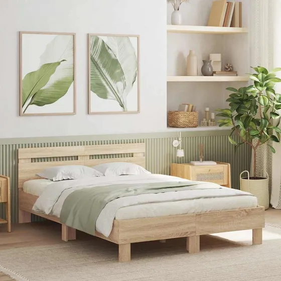 vidaXL Sengestel med hovedgærde og LED - Sonoma 137 x 190 cm