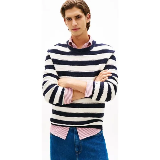 Crochet Block Stripe Crew Neck