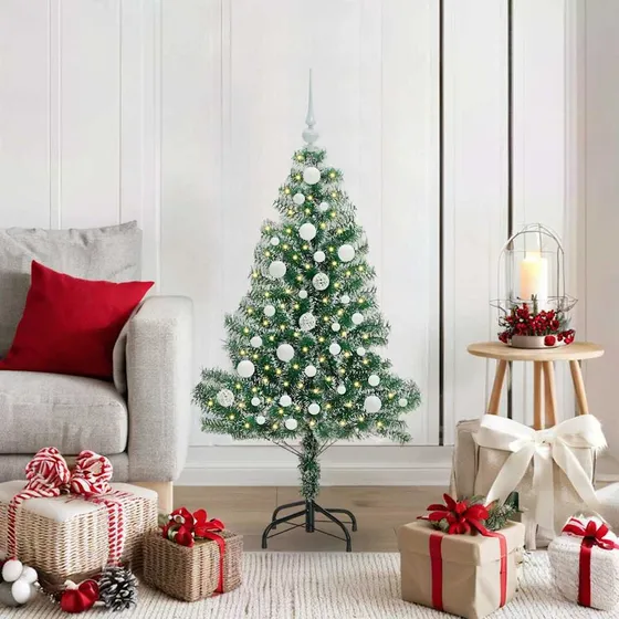 vidaXL Kunstigt Juletræ med Sne og LED-lys, 120 cm, Grøn/Hvid
