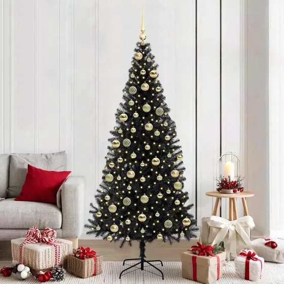 vidaXL Juletræ Sort 210 cm PVC med LED og kugler