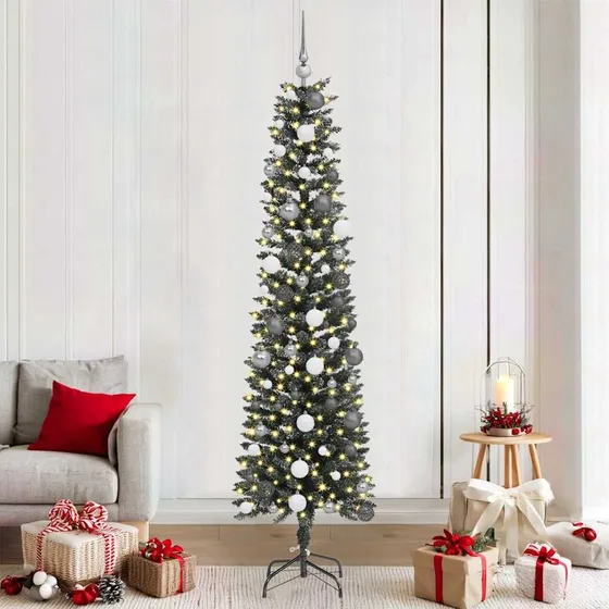 vidaXL Kunstigt juletræ med LED og kugler, Grøn, 210 cm