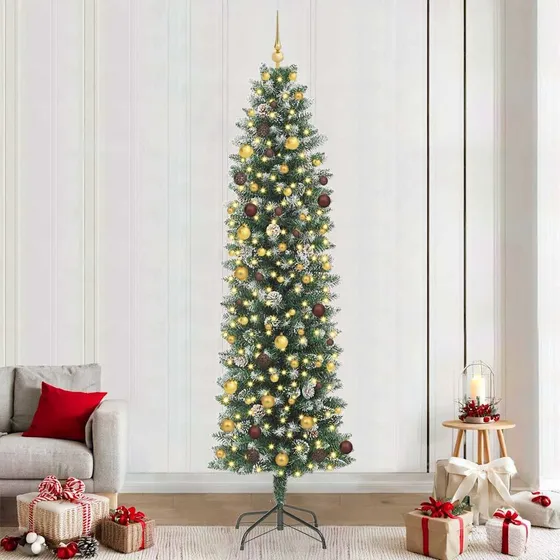 vidaXL Kunstigt Slankt Juletræ med LED - Grøn/Hvid, 240 cm