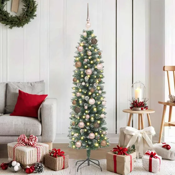 vidaXL Kunstigt slankt juletræ med LED - Grøn/Hvid, 150 cm