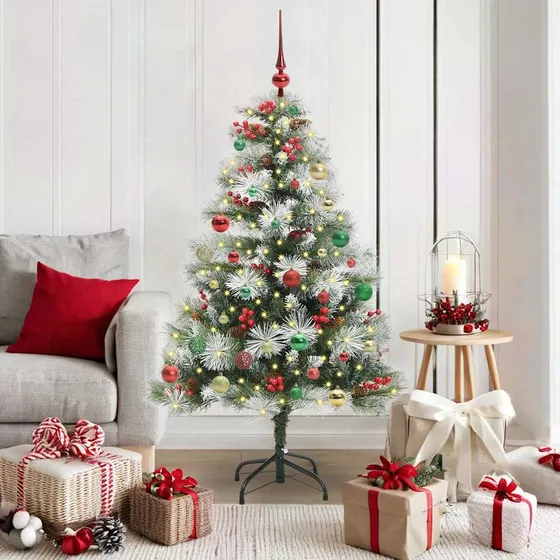 vidaXL Kunstigt Juletræ Grøn/Hvid 150 cm med LED og pynt
