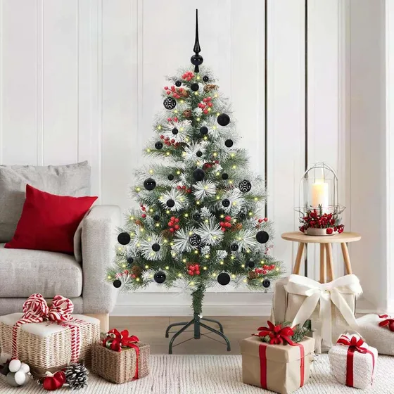 vidaXL Kunstigt juletræ 150 cm - Grøn/Hvid med LED og kugler