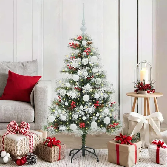 vidaXL Kunstigt juletræ Grøn/Hvid 120 cm med LED og pynt