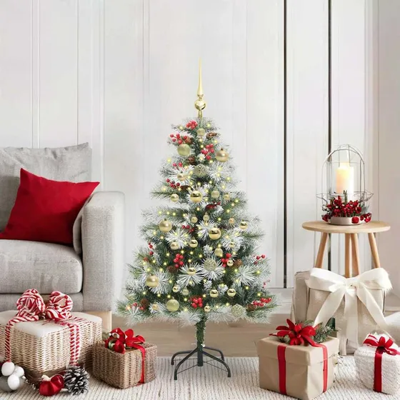 vidaXL Kunstigt juletræ 120 cm - Grøn & hvid med LED og kugler