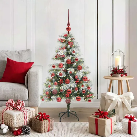 vidaXL Kunstigt juletræ Grøn & Hvid 120 cm med LED og kugler