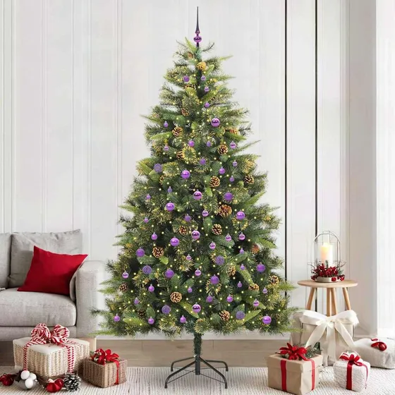 vidaXL Kunstigt Hængslet Juletræ med Kogler og LED, Grøn, 240 cm