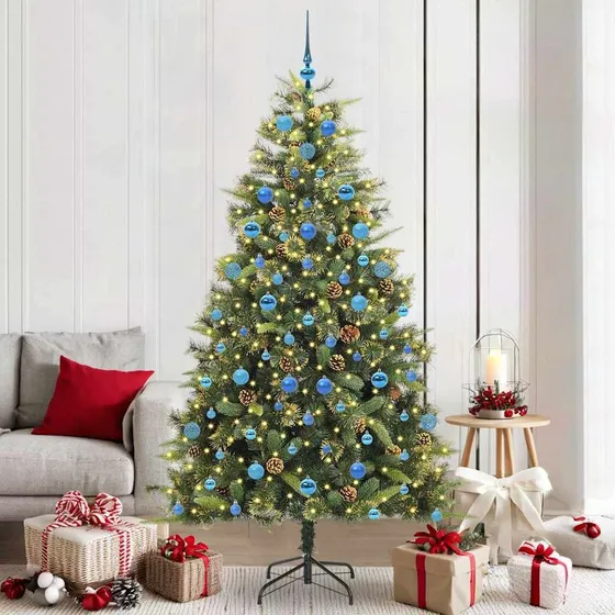 vidaXL Kunstig Hængslet Juletræ med Kogler og LED, Grøn, 210 cm